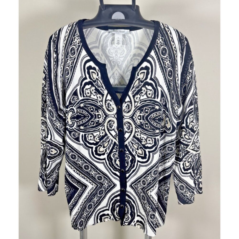 White House Black Market Paisley Black White Tan Cardigan Snap Up Front Womens L